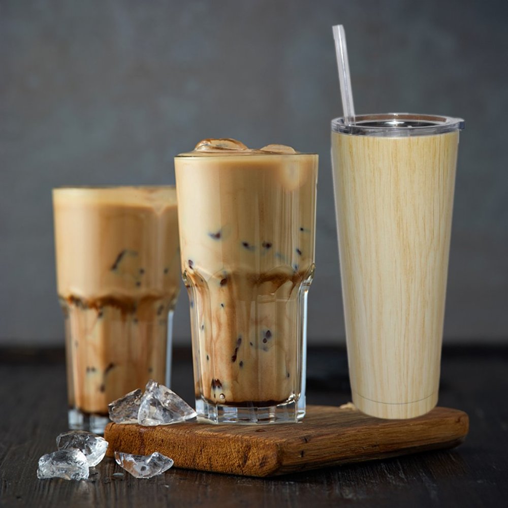 Double Wall Stainless Steel Vacuum Straw Tumbler 25 oz w/ Closing Lid Wood Grain